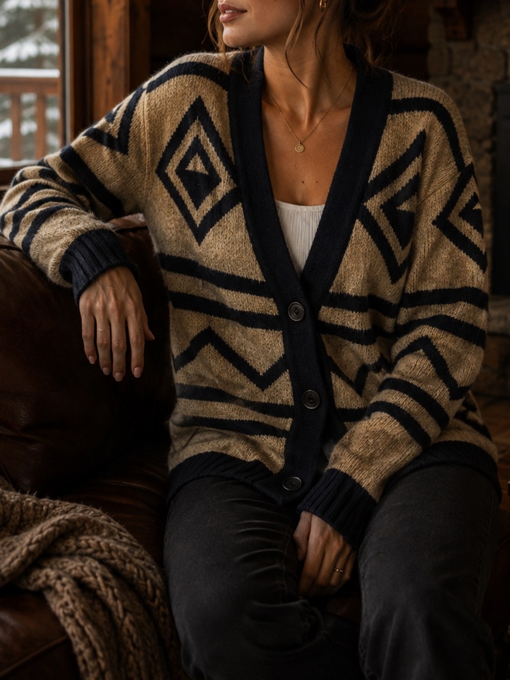 Toad&Co Black Tan Geometric Southwestern Boiled 100% Lambswool Cardigan Sweater